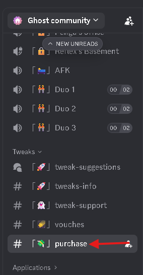Phantom community Discord sidebar with the purchase channel highlighted