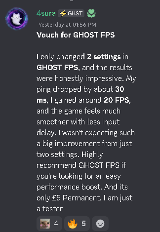 Original Discord review from PHANTOM TWEAKS tester 4sura